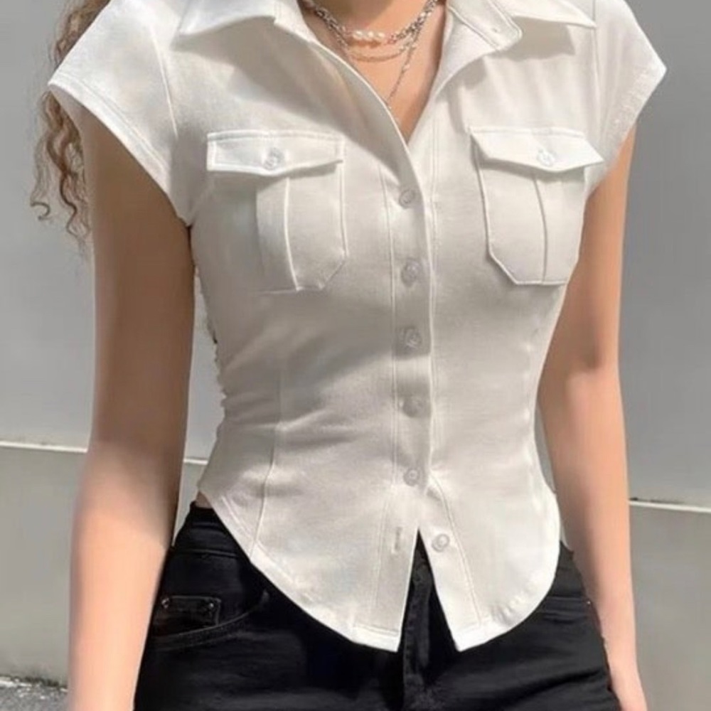 Front Pocket Buttoned Cropped Blouse